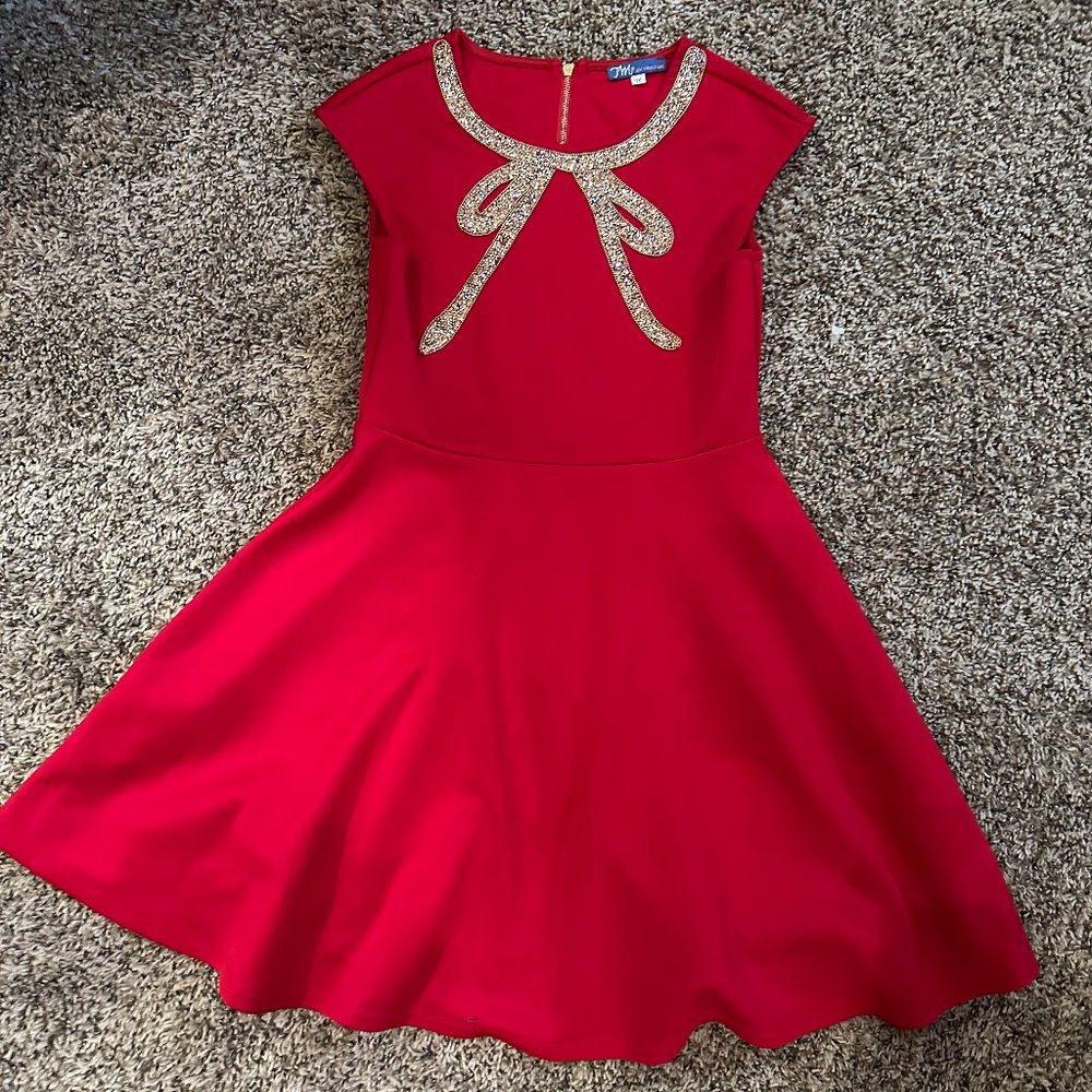 Big Girls Fit and Flare Skater Dress with Jeweled Bow by Truly Me